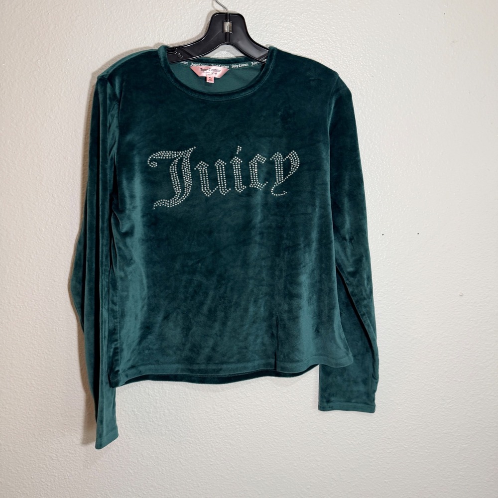 Juicy Couture Velour Rhinestone Logo Top Womens XL Teal Green Y2K McBling